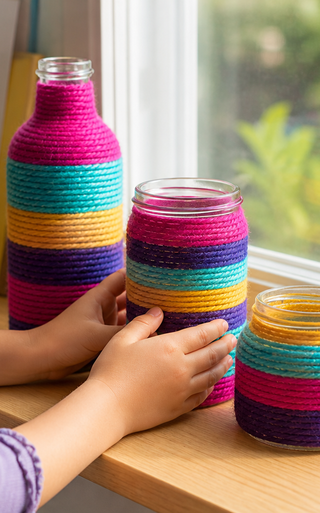 Yarn-Wrapped Bottle and Jar Still Life Collection — Arts & Crafts activity for ages 6–10 years (indoor, 90 min)